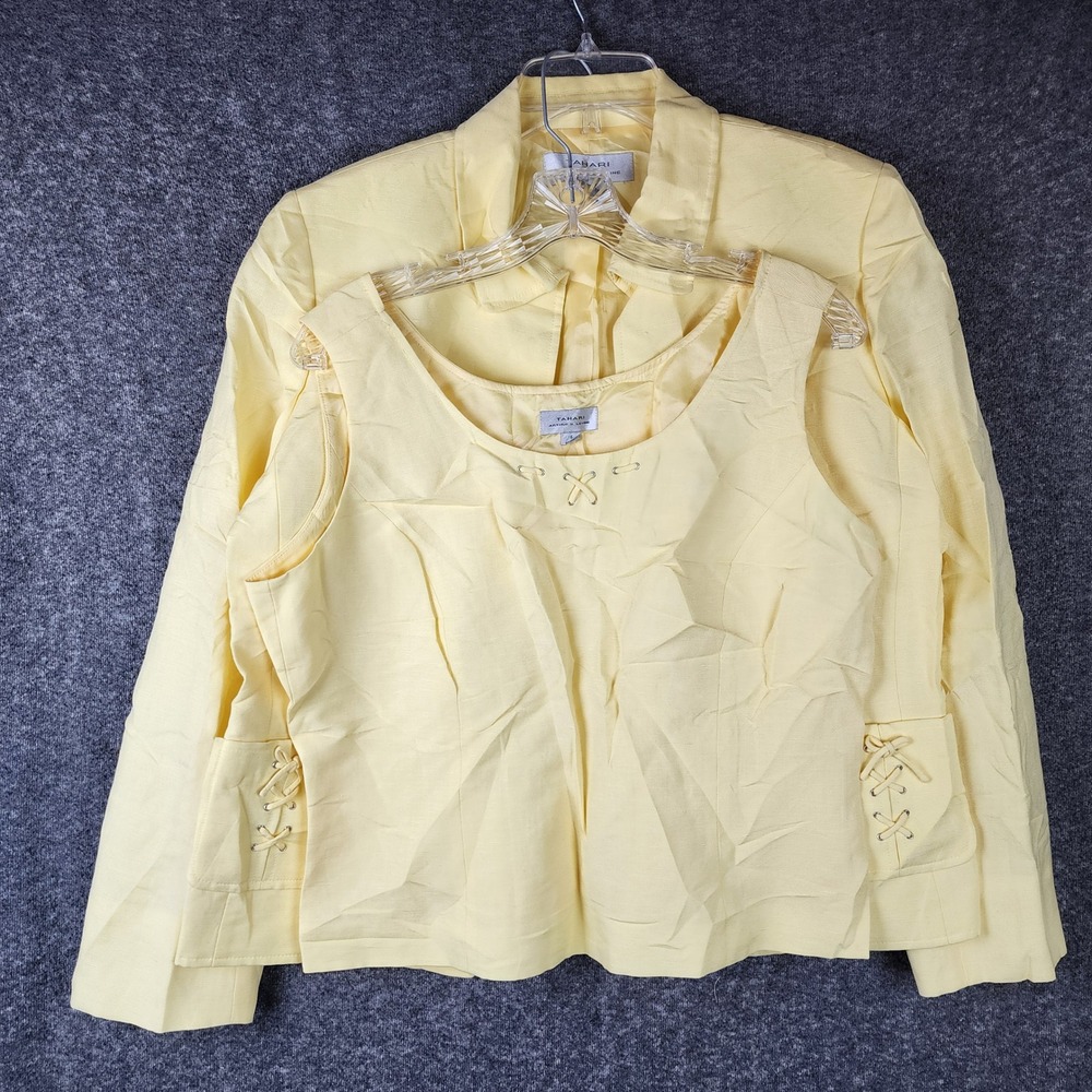 Tahari Arthur S. Levine 2 Piece Set Womens 16 Yellow Linen Blend Lace Up EUC